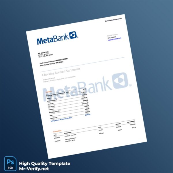 USA Metabank Checking Account Statement Template in Word and PDF formats 4 page