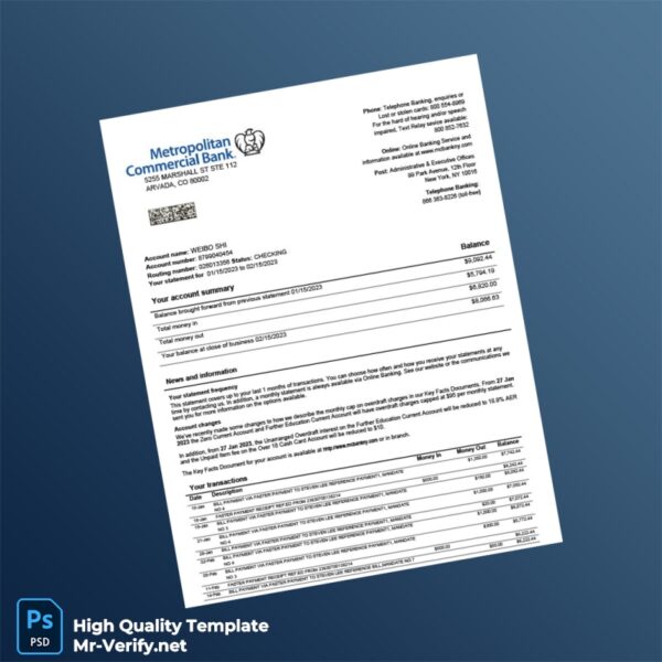 USA Metropolitan Commercial Bank Statement Template in Word and PDF formats 2 page