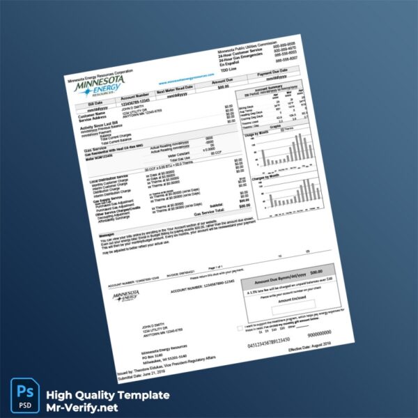 USA Minnesota Energy Resources Corporation Editable Gas Bill Template in Word and PDF formats 2 page