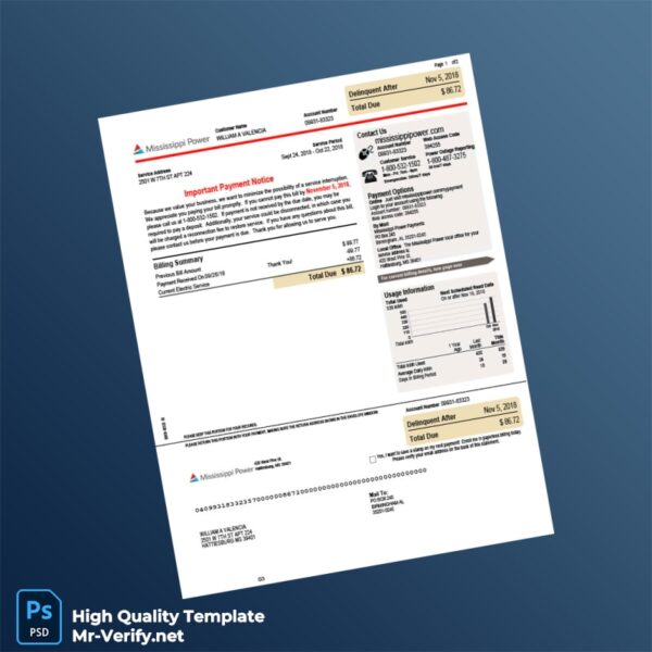 USA Mississippi Power Editable Bill Template in Word and PDF formats 2 page