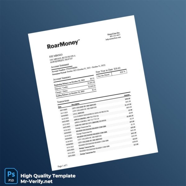 USA MoneyLion Account Statement Template in Word and PDF formats 2 page