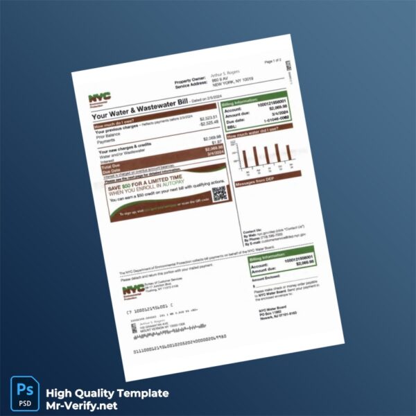 USA NYC Department of Environmental Protection Editable Water Bill Template in Word and PDF formats 2 page