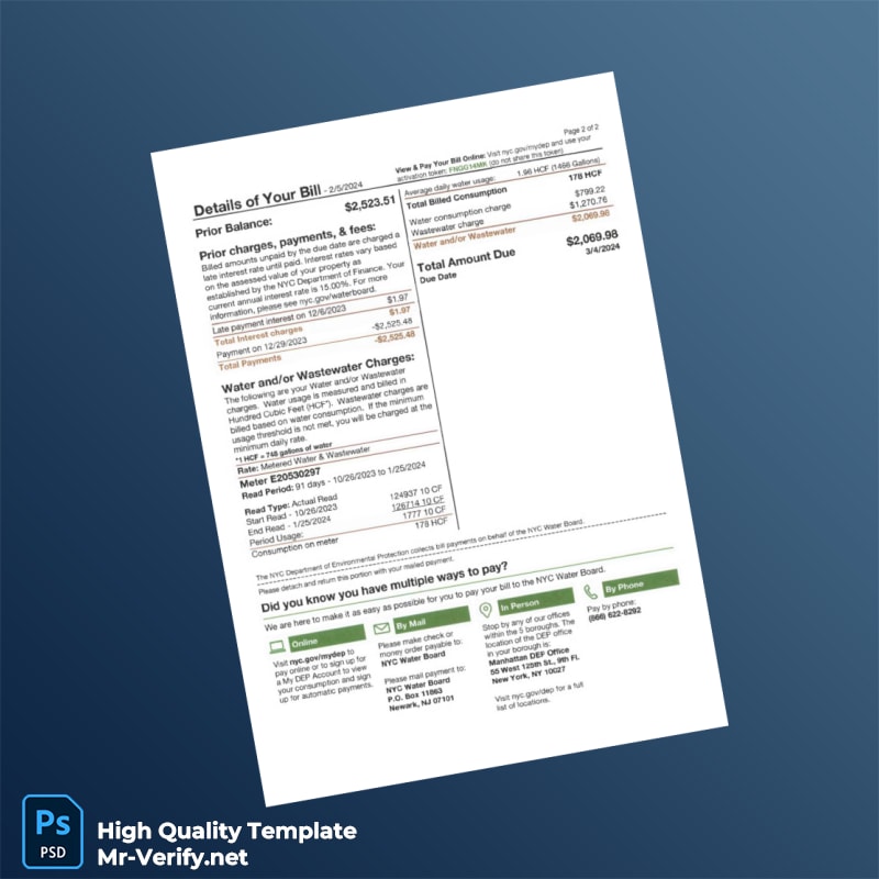 USA NYC Department of Environmental Protection Editable Water Bill Template in Word and PDF formats 2 page USA NYC Department of Environmental Protection Editable Water Bill Template in Word and PDF formats 2 page