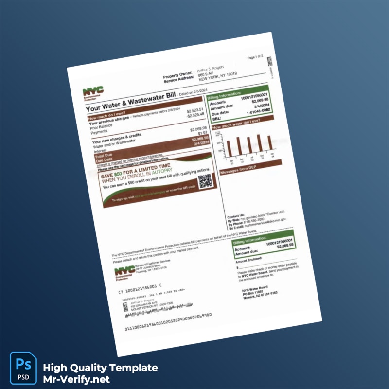 USA NYC Department of Environmental Protection Editable Water Bill Template in Word and PDF formats 2 page USA NYC Department of Environmental Protection Editable Water Bill Template in Word and PDF formats 2 page