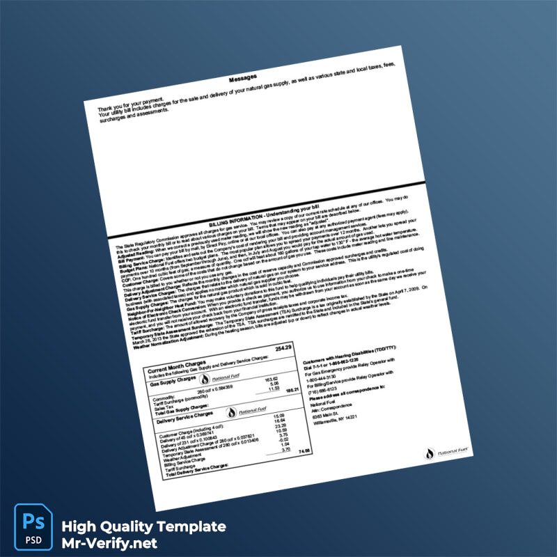 USA National Fuel Gas Distribution Corporation Editable Gas Bill Template in Word and PDF formats 2 page USA National Fuel Gas Distribution Corporation Editable Gas Bill Template in Word and PDF formats 2 page