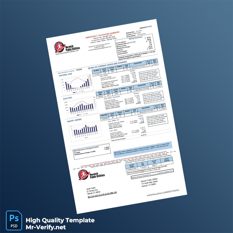 USA Norwich Public Utilities Editable Utility Bill Template in Word and PDF formats USA Norwich Public Utilities Editable Utility Bill Template in Word and PDF formats