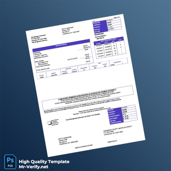USA Onondaga County Water Authority Editable Water Bill Template in Word and PDF formats