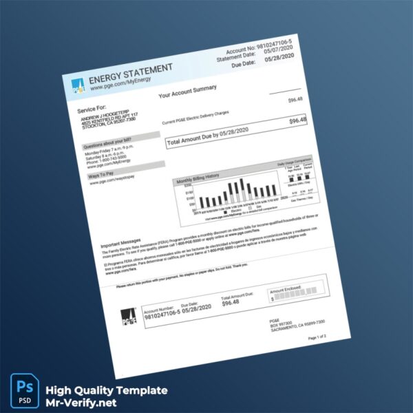 USA PG E Editable Electricity Bill Template in Word and PDF formats 2 page