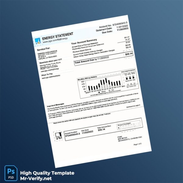 USA PG E Editable Utility Energy Bill Template in Word and PDF formats 3 page
