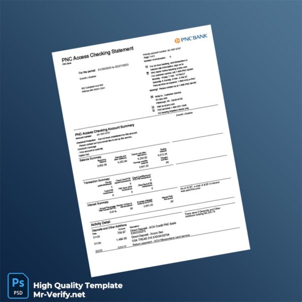 USA PNC Bank Statement Template in Word and PDF formats 2 page