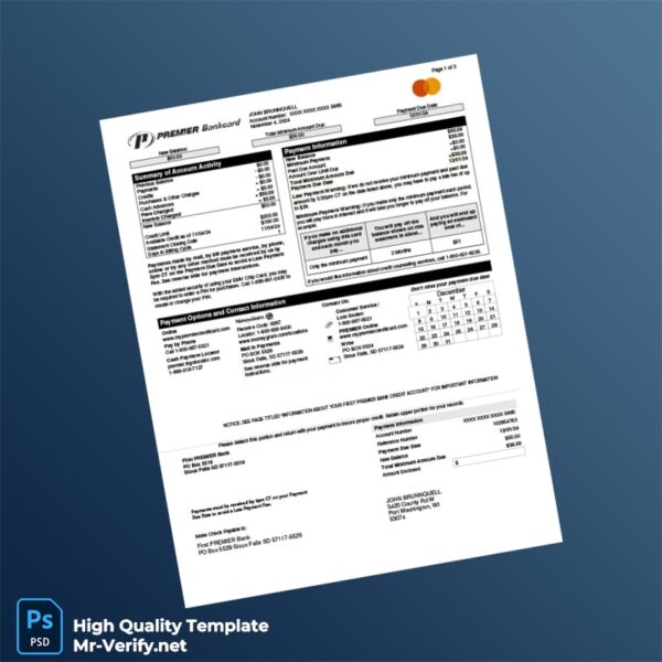 USA PREMIER Bank Statement Template in Word and PDF formats 3 page