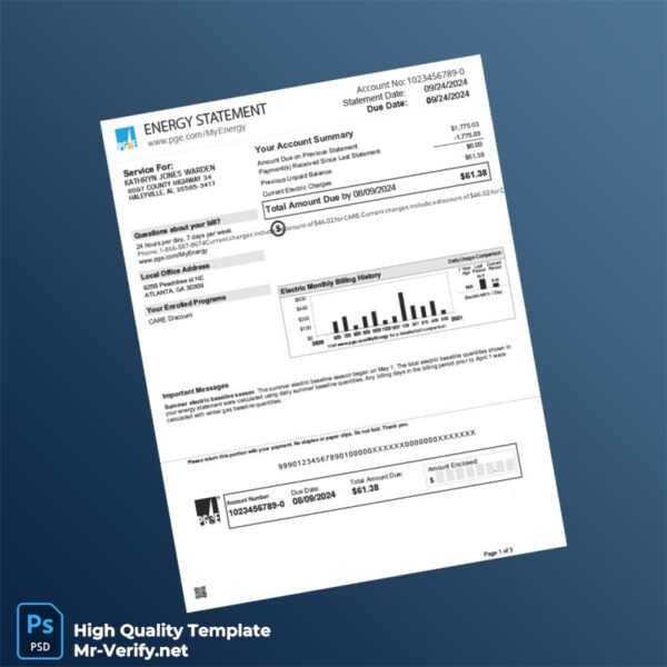 USA Pacific Gas And Electric Company Editable Energy Statement Template in Word and PDF formats 3 page