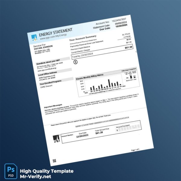 USA Pacific Gas And Electric Company Editable Energy Utility Bill Template in Word and PDF formats 3 page