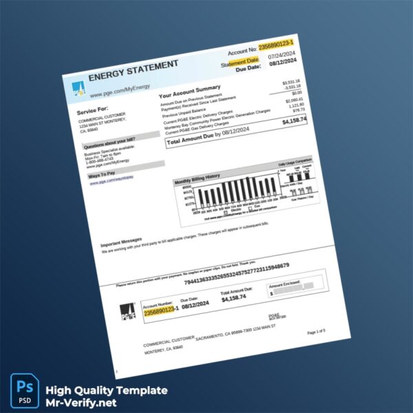 USA Pacific Gas And Electric Company Editable Utility Bill Template in Word and PDF formats 5 page