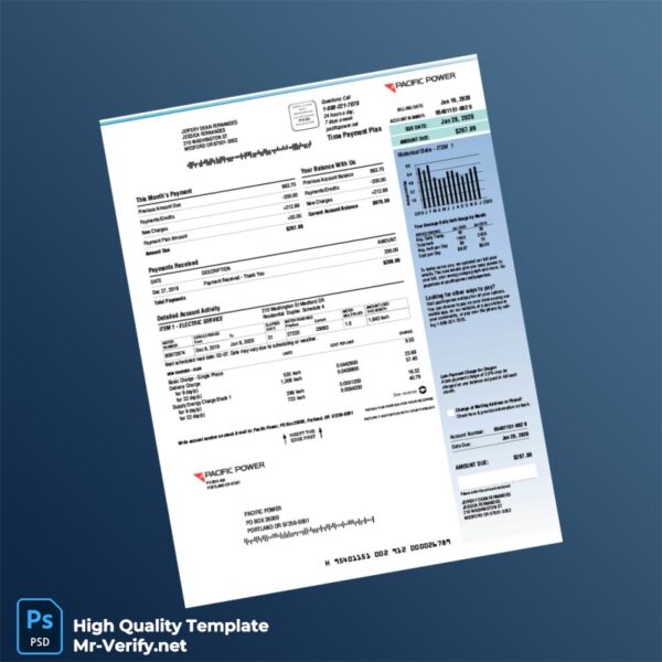 USA Pacific Power Editable Electricity Bill Template in Word and PDF formats 2 page