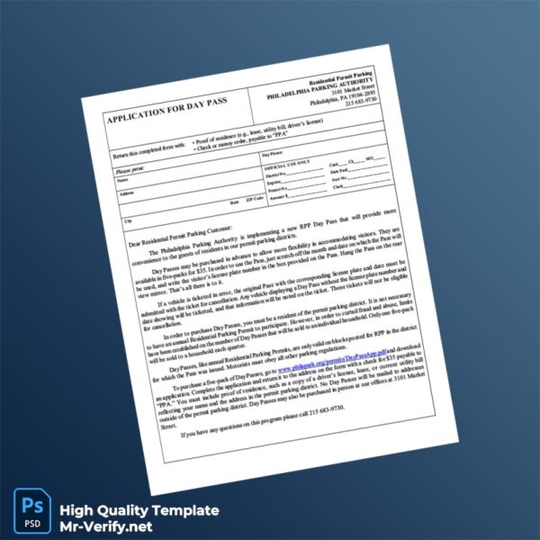 USA Philadelphia Parking Authority Editable Day Pass Parking Permit Application Template in Word and PDF formats