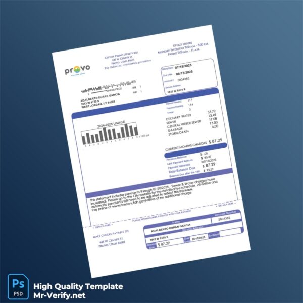 USA Provo City Utilities Editable Utility Bill Template in Word and PDF formats