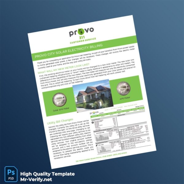 USA Provo Power Editable Solar Electricity Bill Template in Word and PDF formats 2 page