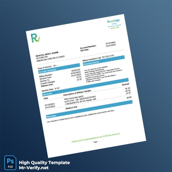 USA Recology Editable Utility Bill Template in Word and PDF formats