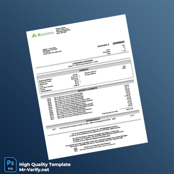 USA Regions Bank Account Statement Template in Word and PDF formats 4 page