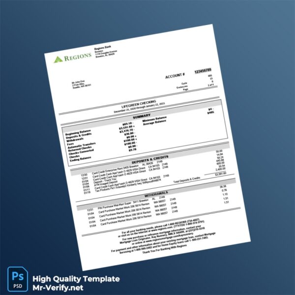 USA Regions Bank Statement Template in Word and PDF formats 5 page
