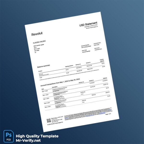 USA Revolut Account Statement Template in Word and PDF formats 3 page