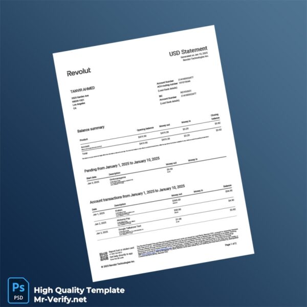 USA Revolut Bank Statement Template in Word and PDF formats 2 page