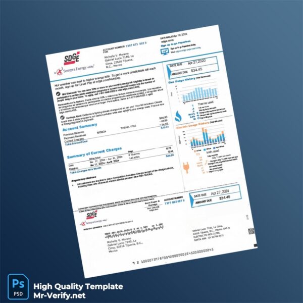 USA SDG E Editable Energy Bill Template in Word and PDF formats