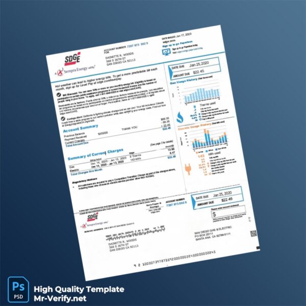 USA SDG E Editable Utility Bill Template in Word and PDF formats