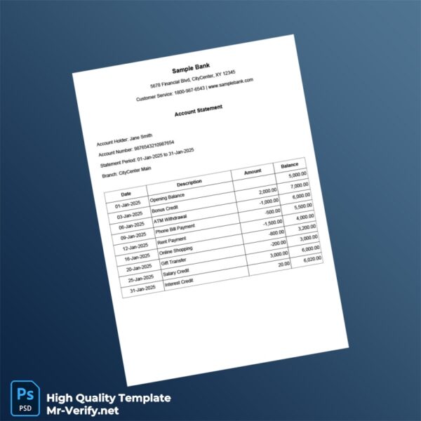 USA Sample Bank Account Statement Template in Word and PDF formats