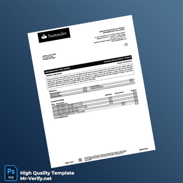 USA Santander Bank Statement Template in Word and PDF formats 3 page