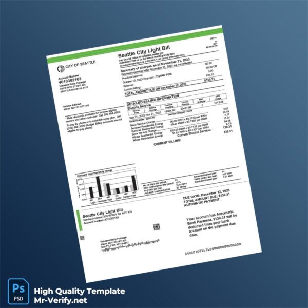 USA Seattle City Light Editable Electricity Bill Template in Word and PDF formats 2 page