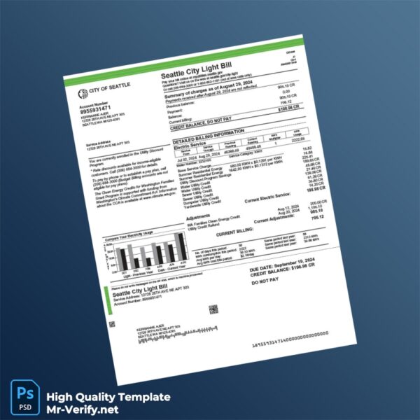 USA Seattle City Light Editable Electricity Bill Template in Word and PDF formats 2 page