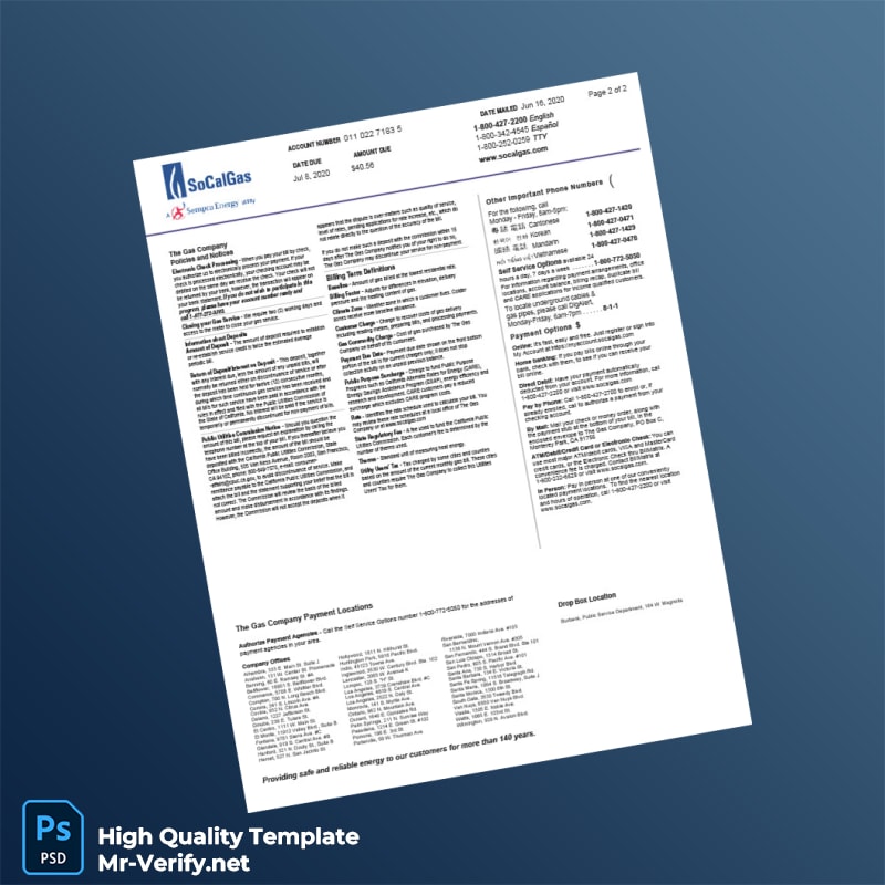 USA SoCalGas Editable Gas Bill Template in Word and PDF formats 2 page USA SoCalGas Editable Gas Bill Template in Word and PDF formats 2 page