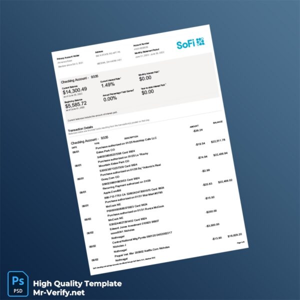 USA SoFi Bank Statement Template in Word and PDF formats 5 page
