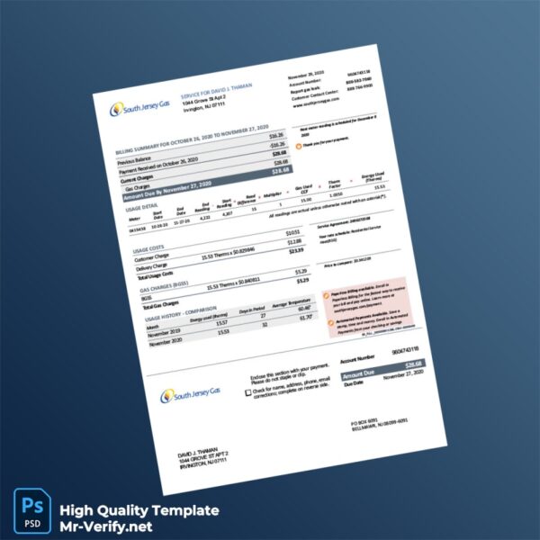 USA South Jersey Gas Editable Gas Bill Template in Word and PDF formats