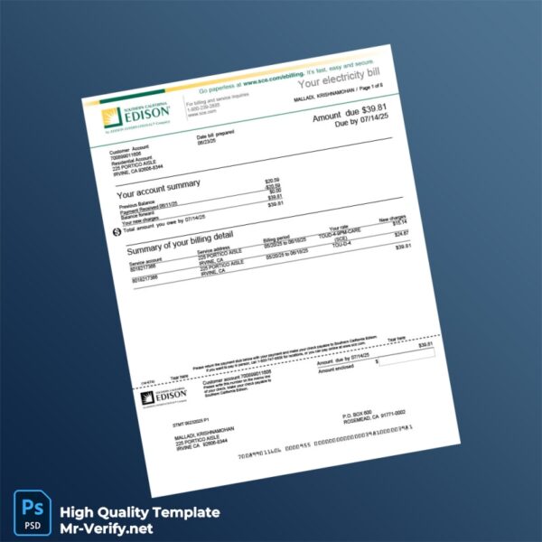 USA Southern California Edison Editable Electricity Bill Template in Word and PDF formats 8 page