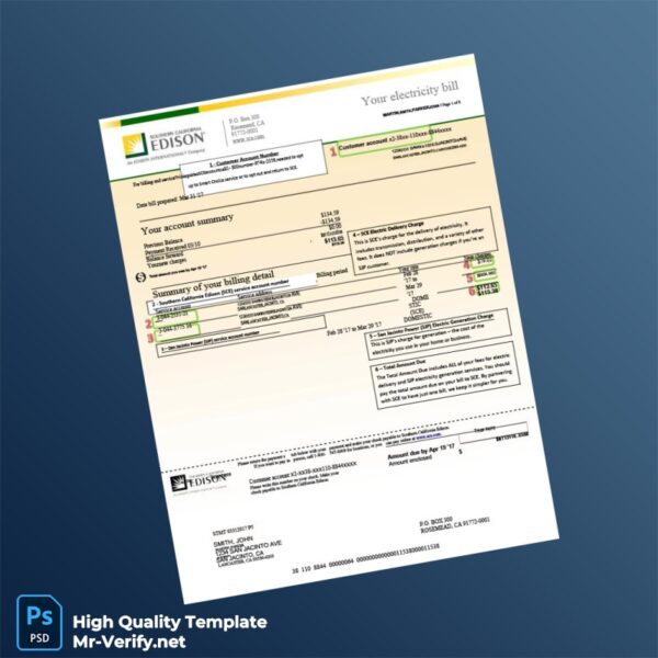 USA Southern California Edison Editable Electricity Bill Template in Word and PDF formats 3 page