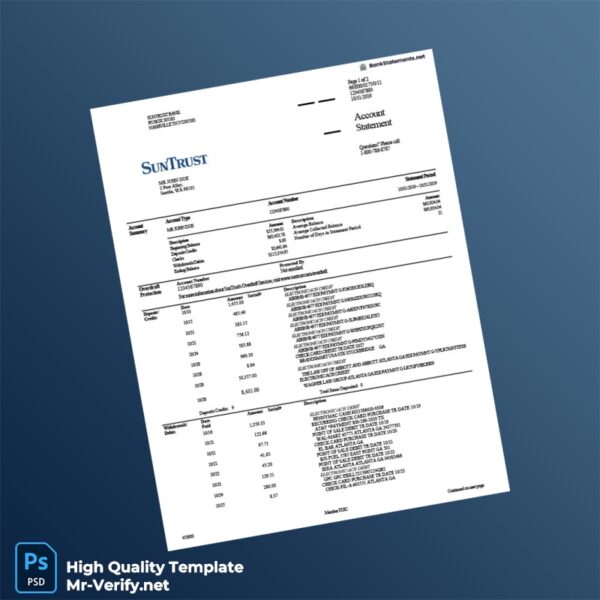 USA SunTrust Bank Statement Template in Word and PDF formats 2 page