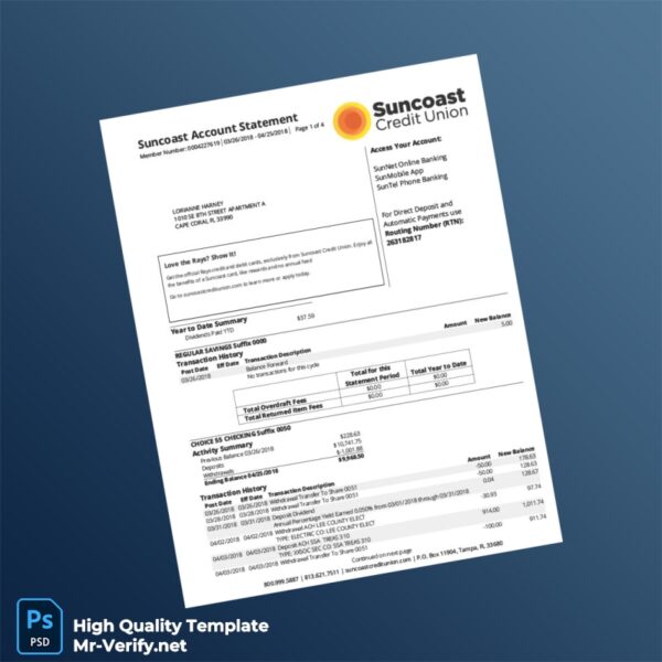 USA Suncoast Bank Statement Template in Word and PDF formats 4 page
