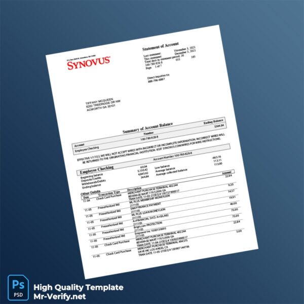 USA Synovus Bank Statement Template in Word and PDF formats 8 page