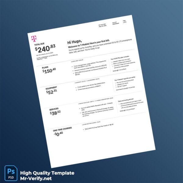 USA T Mobile Us Editable Summary Bill Template in Word and PDF formats 6 page