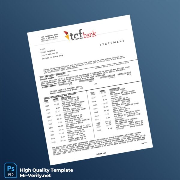 USA TCF National Bank Statement Template in Word and PDF formats 2 page