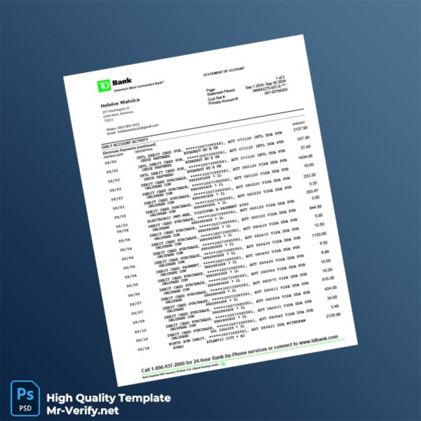USA TD Bank Account Statement Template in Word and PDF formats