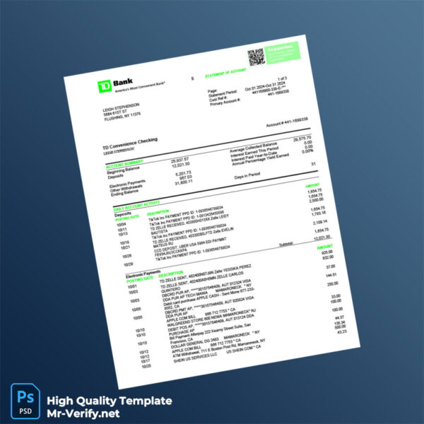 USA TD Bank Credit Card Statement Template in Word and PDF formats 3 page