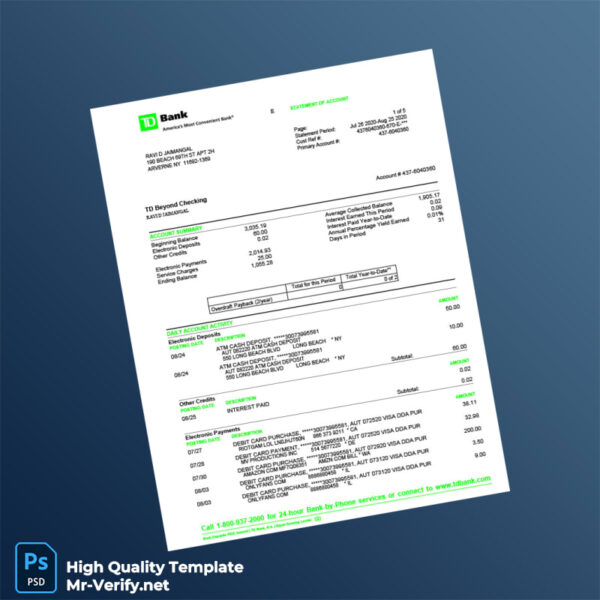USA TD Bank Statement Template in Word and PDF formats 6 page