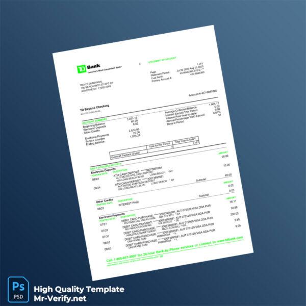 USA TD Bank Statements Template in Word and PDF formats 6 page