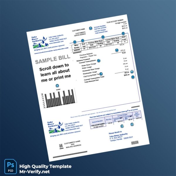 USA Toho Water Authority Editable Water Bill Template in Word and PDF formats 2 page