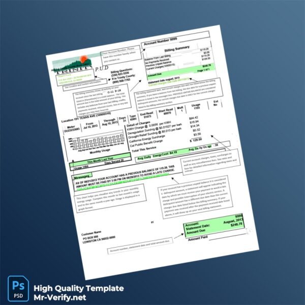 USA Trinity PUD Editable Utility Bill Template in Word and PDF formats 2 page