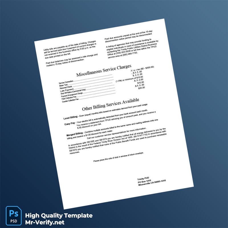 USA Trinity PUD Editable Utility Bill Template in Word and PDF formats 2 page USA Trinity PUD Editable Utility Bill Template in Word and PDF formats 2 page
